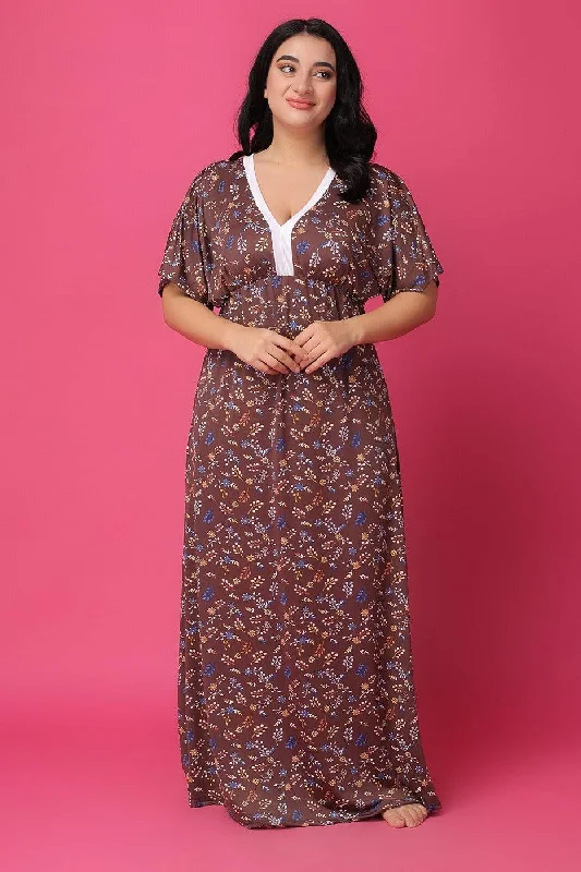 Brown Floral Printed Night Dress