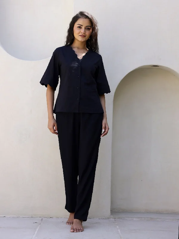 Black Cotton Night Suit with Pant