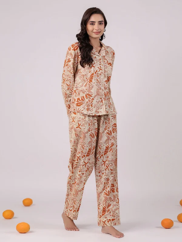 Orange Flower Printed Cotton Night Suit