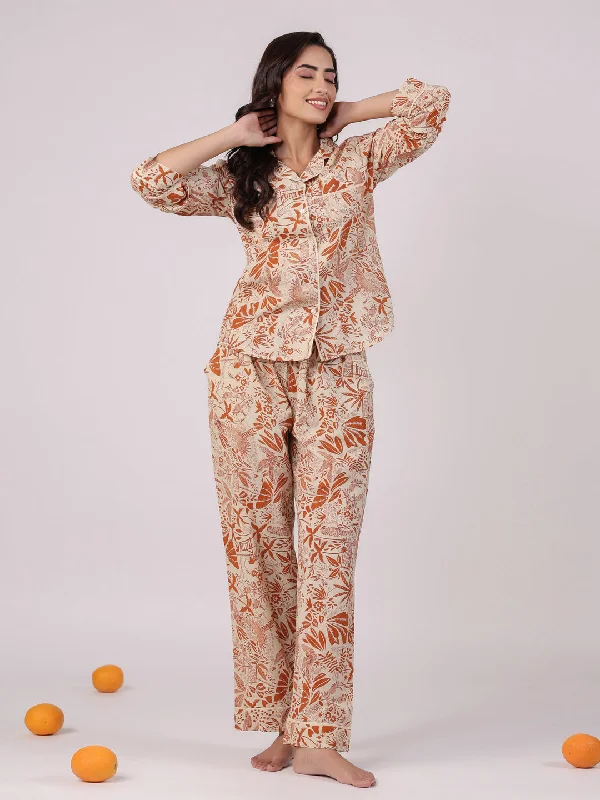 Orange Flower Printed Cotton Night Suit