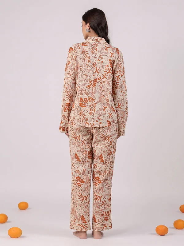 Orange Flower Printed Cotton Night Suit