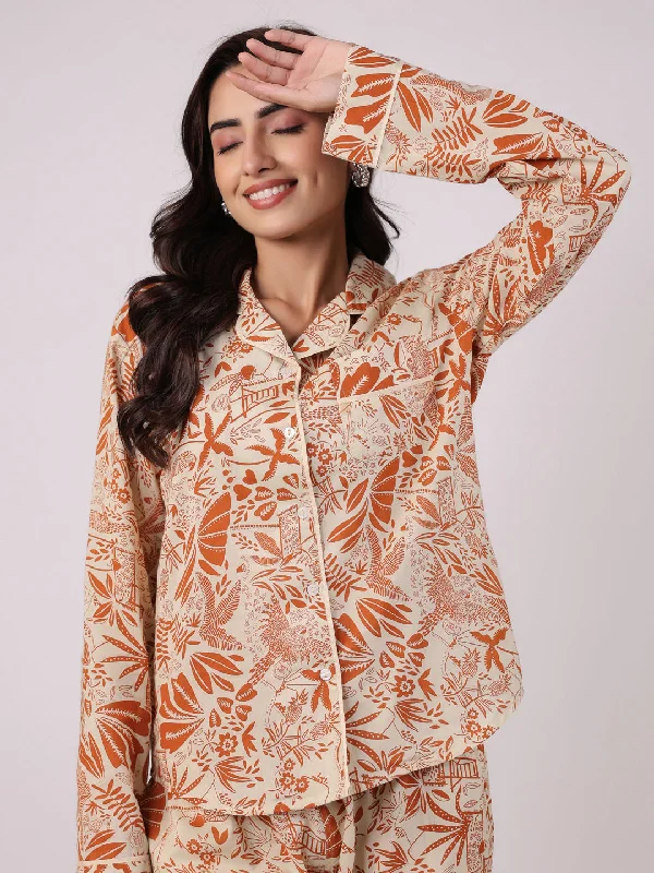 Orange Flower Printed Cotton Night Suit