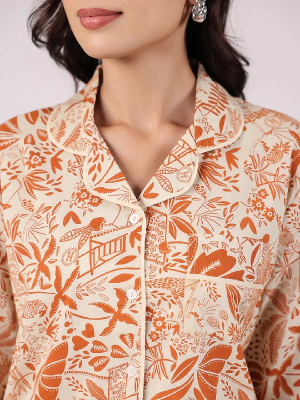 Orange Flower Printed Cotton Night Suit